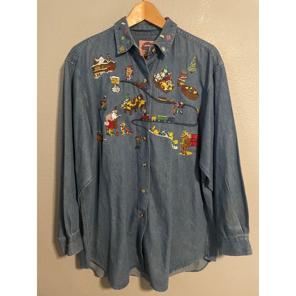 VTG Cambridge Country Store Button Up Womens Large Blue Denim Santa Elves 90s